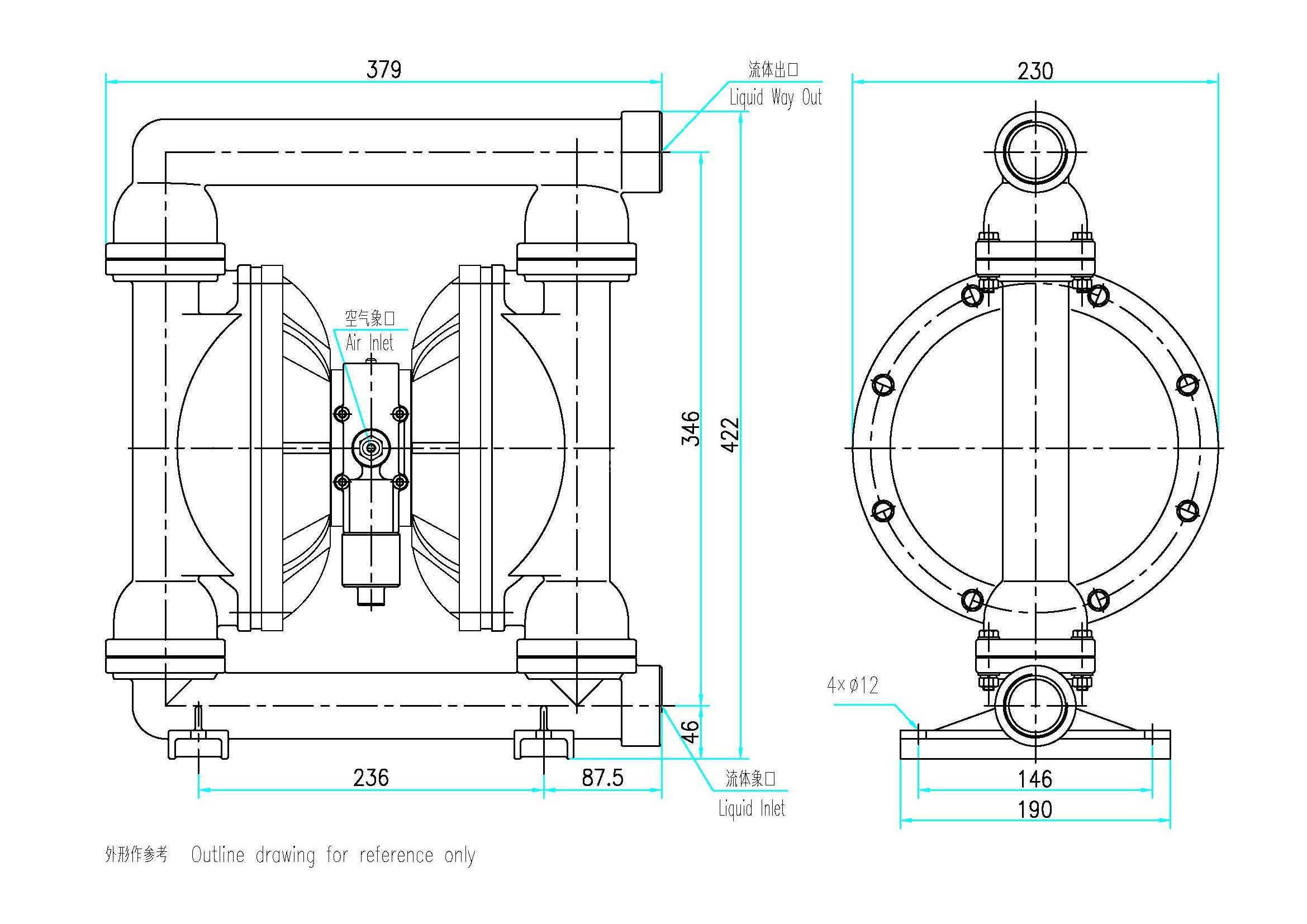 QBY-40气动隔膜泵外形尺寸图